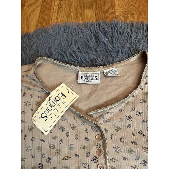 Vintage Basic Editions Beige Leaf Print Cotton Long Sleeve Henley Top 2X NWT - Picture 3 of 7